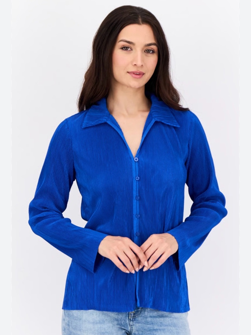 Cyrus Spread Collar Ribbed Women’s Cobalt Blue Button-Down Blouse Size L